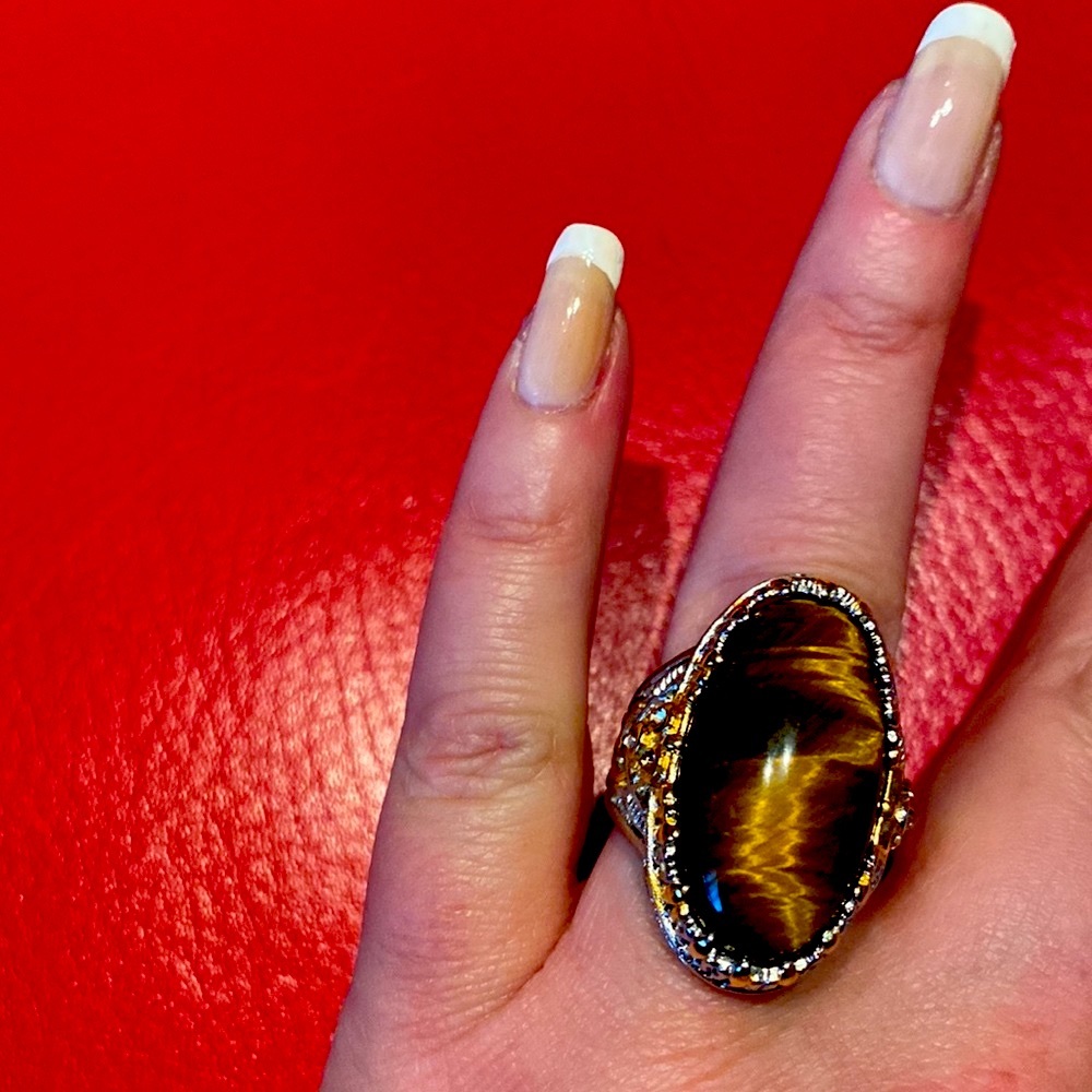 Stunning South African Tigers Eye Champagne Austrian Crystals Plated Yellow Gold